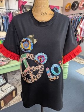 Black Graphic Appliqué Tee with Red Ruffle Sleeves